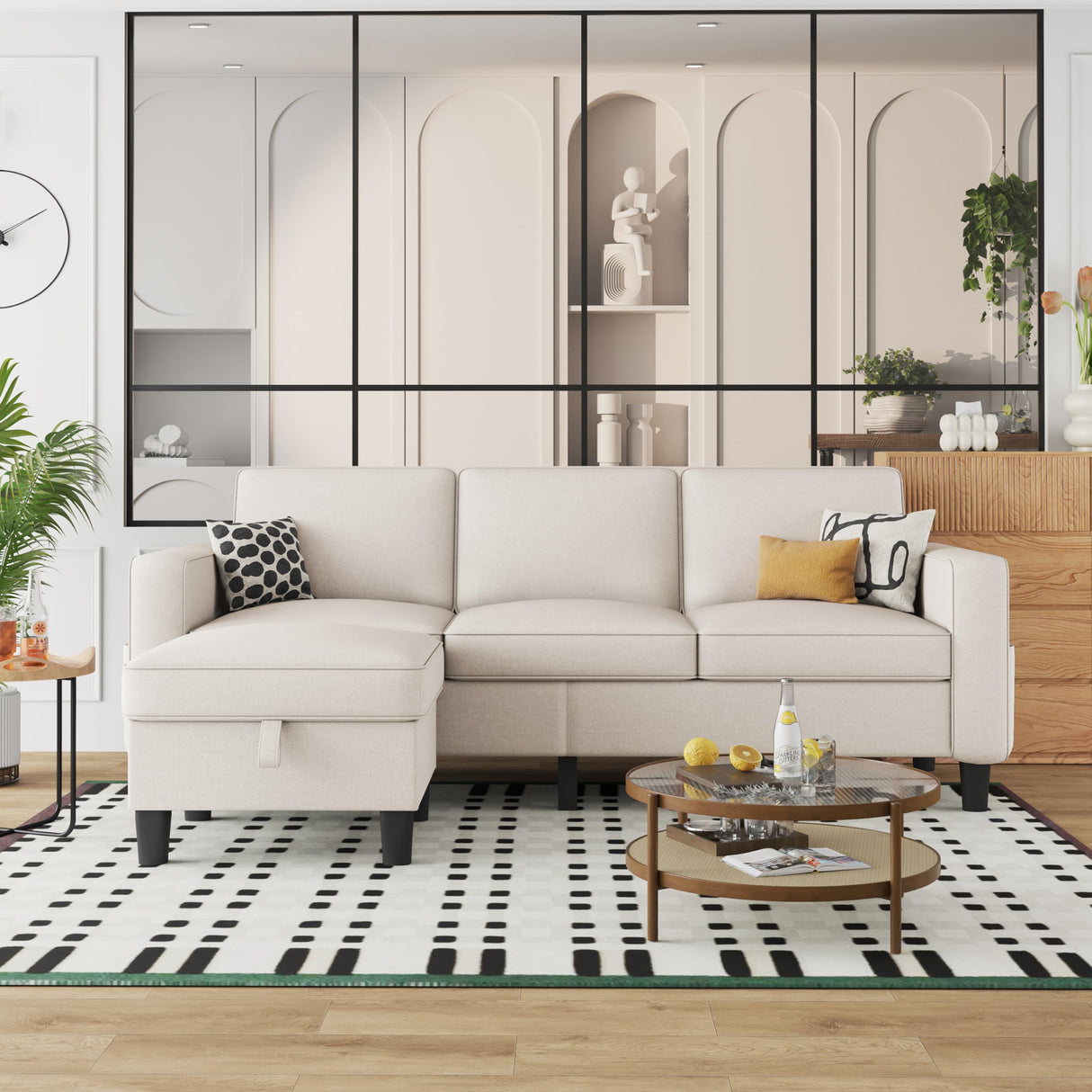 ZeeFu Convertible Sectional Sofa Couch: Beige 3 Seat L-Shaped Sectional Sofa Couches with Storage Ottoman - Modern Linen Fabric Small Sofa Couch Set for Living Room Office Small Space Apartment ZeeFu