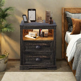 FONTOI Farmhouse Nightstand, End Table with Drawers & Charging Station, Bedside Table with 3 LED Lights Modes, Wood Nightstand with Smart Human Sensor for Bedroom, Brown, Set of 2 FONTOI