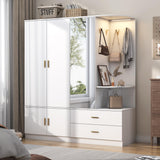 XVD Armoire Wardrobe Closet with Mirror & Sensor Light, Bedroom Armoire with 5 Doors & 2 Drawers, Modern Wooden Large Wardrobe Closet with Shelves, 4 Hooks, 2 Hanging Roods, Open Space, White XVD
