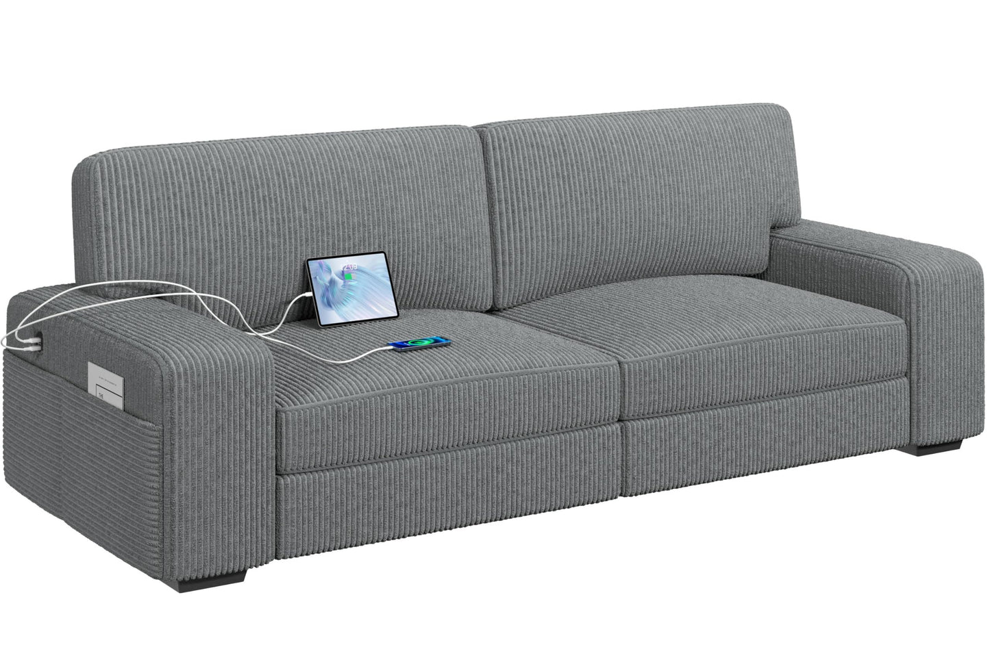 Yaheetech 83.5" W Modern Sofa Couch Corduroy Fabric Sofa with USB Charging Ports & Side Storage Pockets for Living Room Apartment, Dark Gray