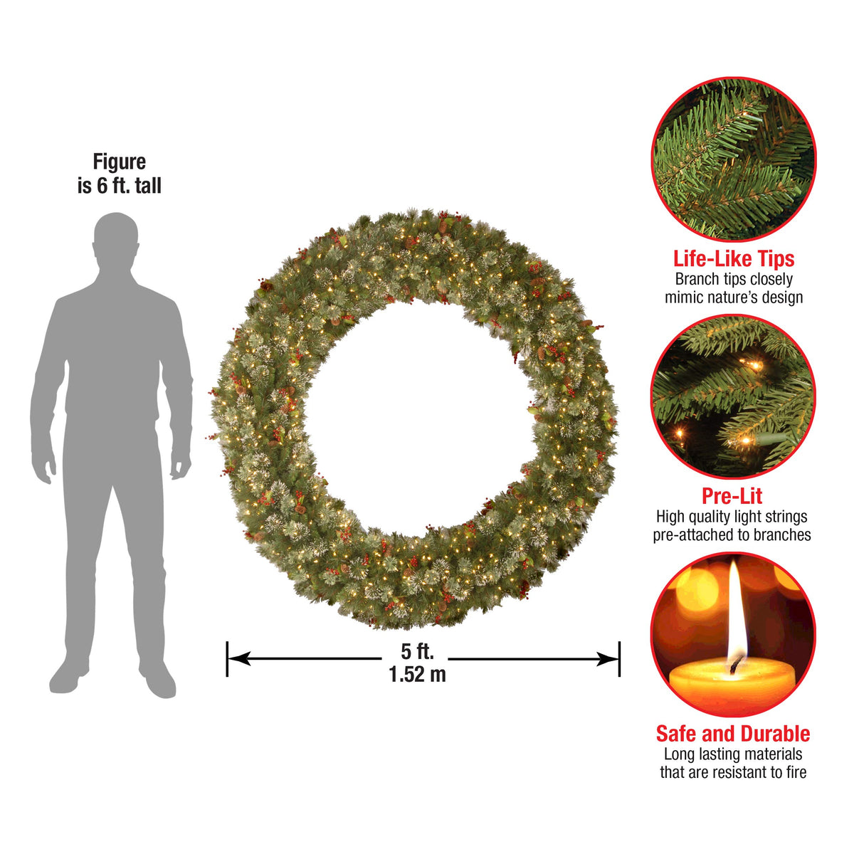 National Tree Company Pre-Lit Artificial Christmas Wreath, Green, Wintry Pine, White Lights, Decorated with Pine Cones, Berry Clusters, Frosted Branches, Christmas Collection, 60 Inches National Tree Company