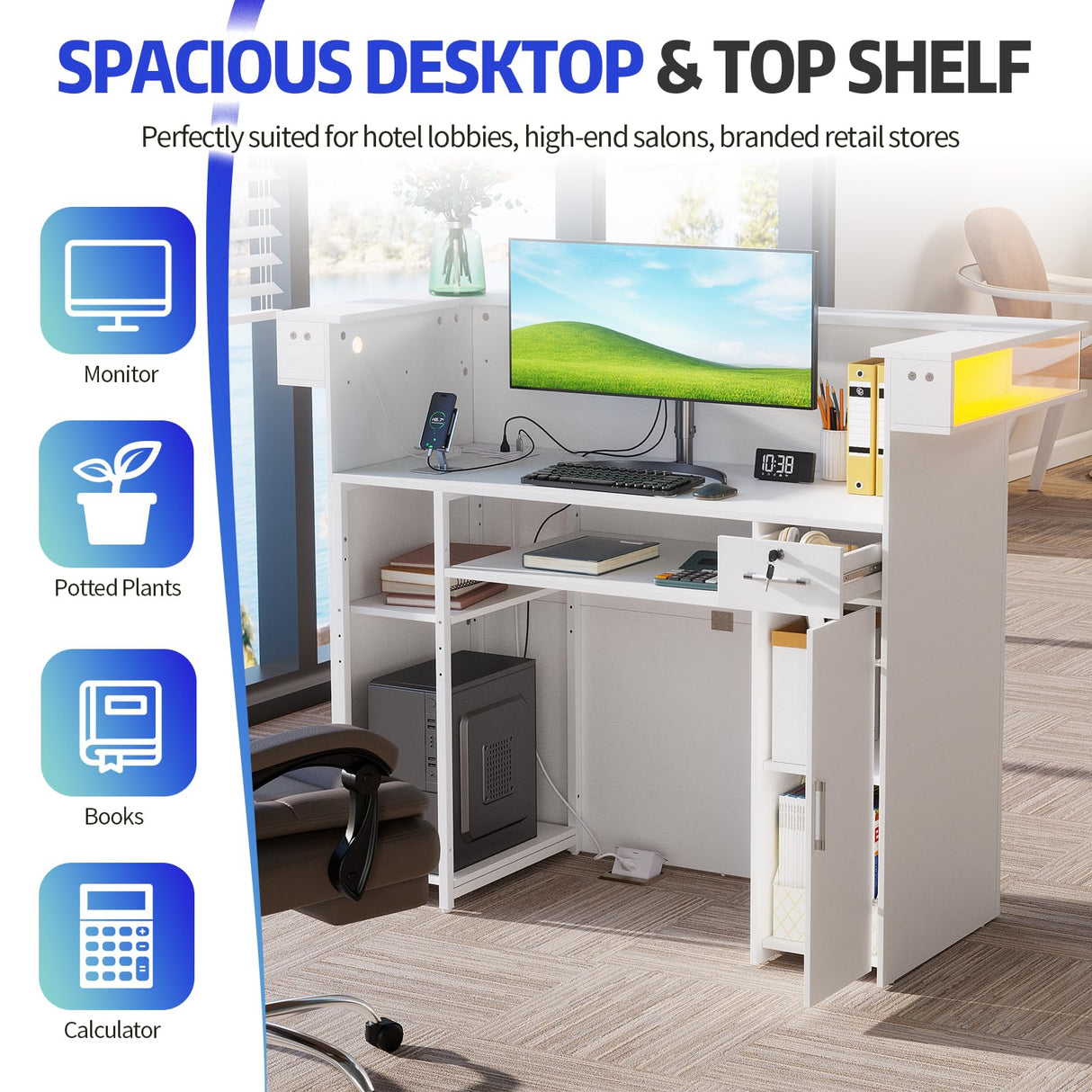 PakaLife Reception Desk with Counter, Front Desk Reception Counter Table with LED Lights, Retail Counter with Power Outlets,Drawers,Shelves, for Beauty Salon Lobby Shop Bar Checkout Office,White PakaLife