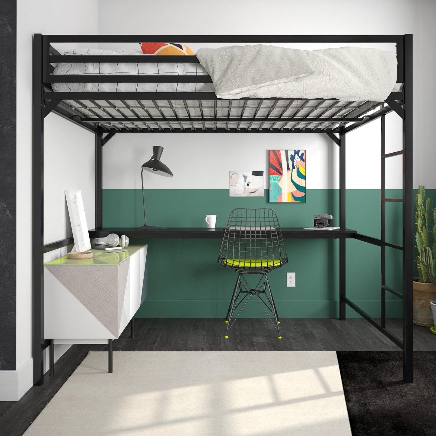 DHP Miles Black Metal Loft Bed with Integrated Desk - WoodArtSupply