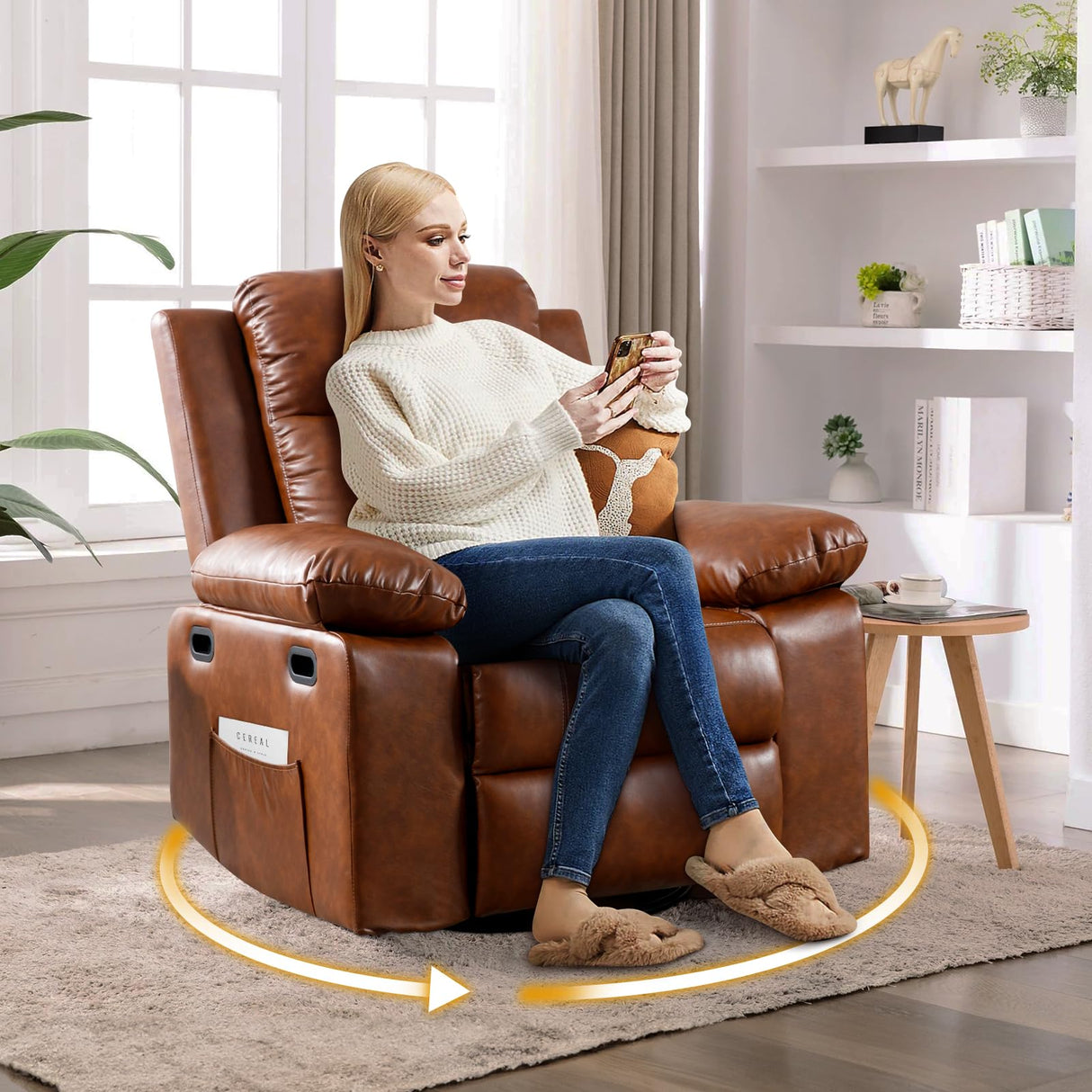 SLEERWAY Recliner Chair with Massage and Heat, Modern Swivel Reclining Chair with Remote Control and Side Pocket, Adjustable Glider Rocker Recliner Chair for Living Room, Bedroom, Lounge, Brown SLEERWAY