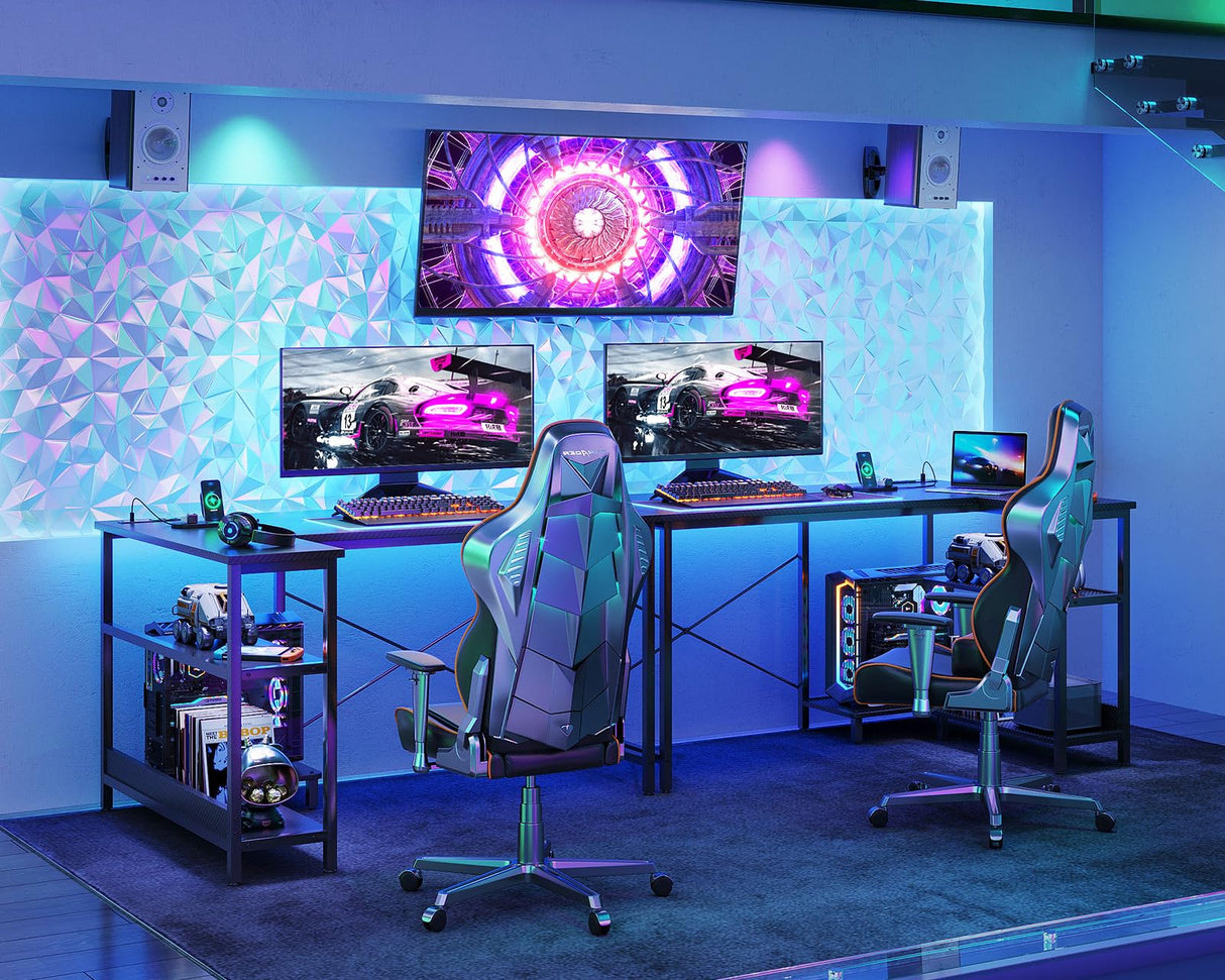 ODK 48 Inch Small L Shaped Gaming Computer Desk with Power Outlets, Corner Desk with Reversible Storage Shelves & PC Stand for Small Space, Modern Simple Home Office Table, Carbon Fiber Surface, Black ODK