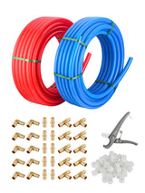 EFIELD 1/2-inch 2 x100 ft Pex-A Tubing/Pipe （All in One） Red & Blue 200 ft， 30 PCS 1/2" Brass Expansion pex Fittings- Elbow Tee Coupler (30 PCS), 1/2' Expansion Rings (100 Pcs), Pipe Cutter (1/2-inch) EFIELD