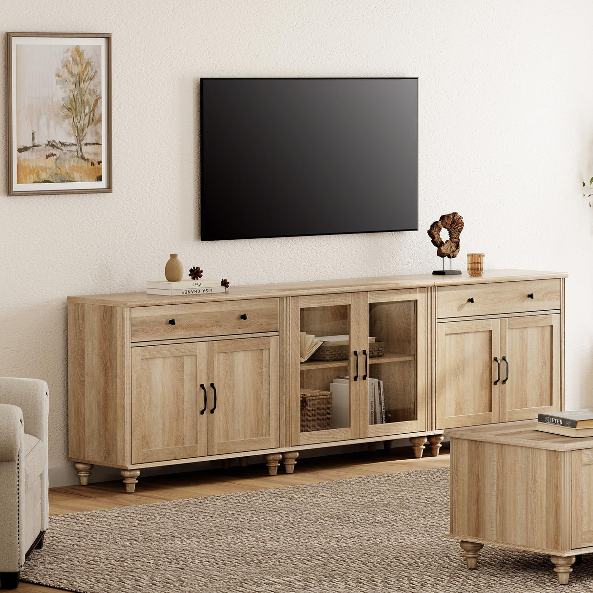 WAMPAT Farmhouse TV Stand for 100 Inch TV, 3-in-1 TV Console Table for 75/80/85/90 Inch TV, Entertainment Center with Glass & Wood Door, Kitchen Sideboard Buffet Cabinet for Dining Room, Oak WAMPAT