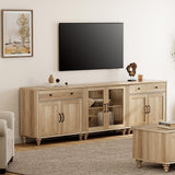 WAMPAT Farmhouse TV Stand for 100 Inch TV, 3-in-1 TV Console Table for 75/80/85/90 Inch TV, Entertainment Center with Glass & Wood Door, Kitchen Sideboard Buffet Cabinet for Dining Room, Oak WAMPAT