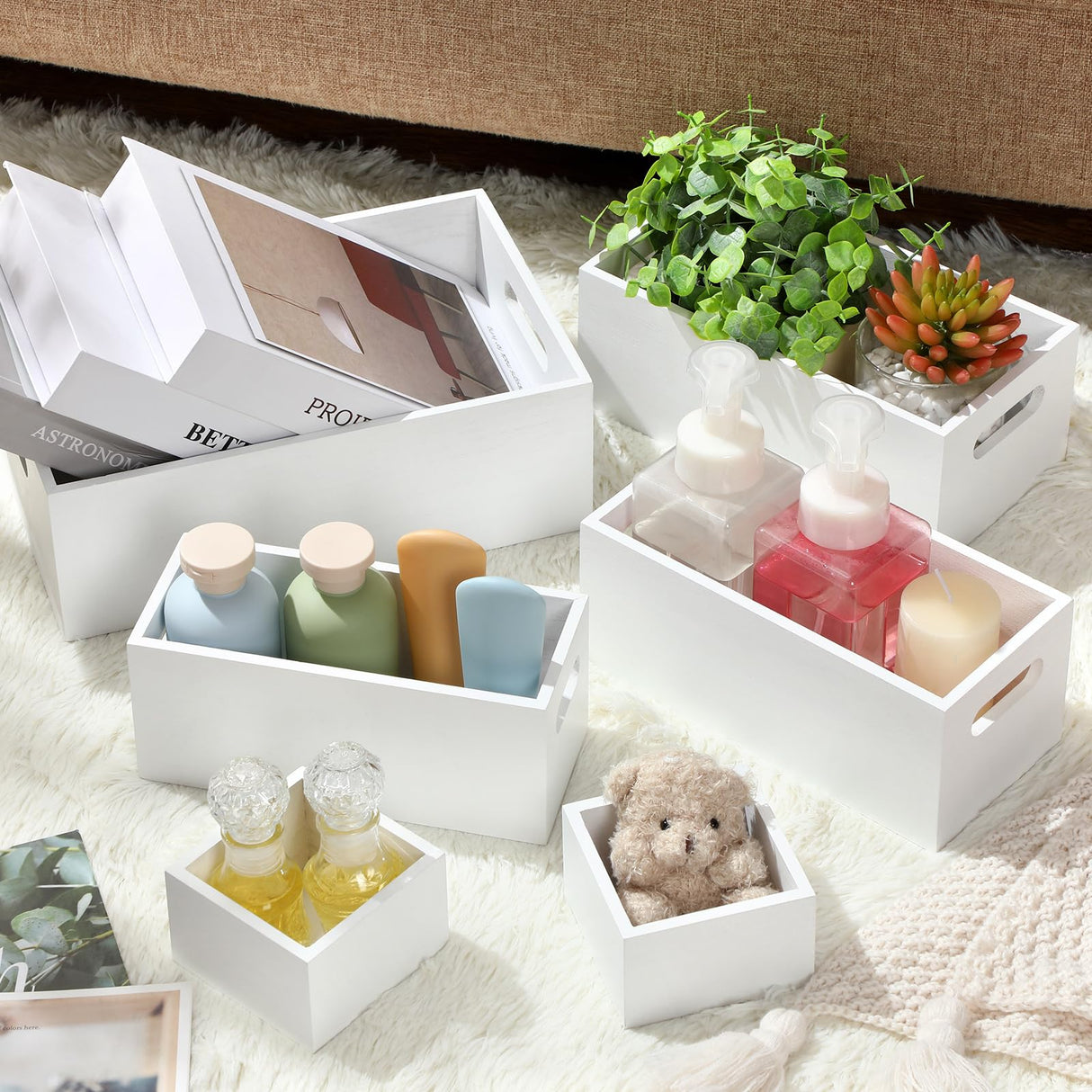 Yetene Set of 6 Wood Storage Boxes with Handles Wooden Nesting Crates Rustic Farmhouse Box for Kitchen Bathroom Home Party Table Decoration Storage Boxes (White) Yetene