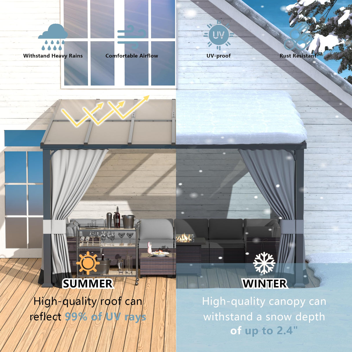 Kurapika 10’ x 14’ Gazebo, Wall Mount Gazebo Outdoor Pergola, Hardtop Lean to Gazebo Canopy Awnings with Sloped Roof and Sturdy Steel Frame, for Patio, Porch, Deck, Backyard(Grey) Kurapika