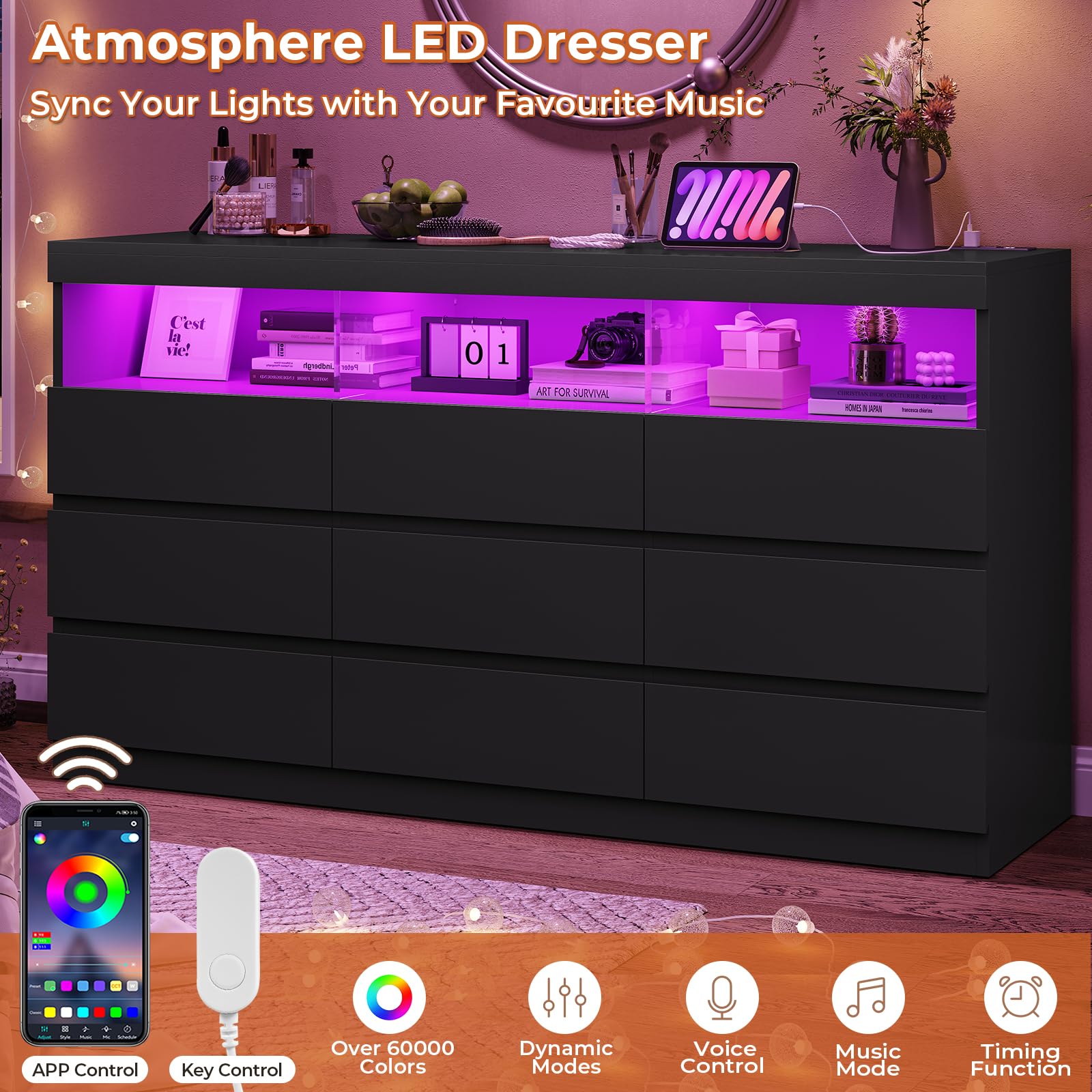 HAUOMS Black Dresser for Bedroom with LED Lights, Large Chest of Drawers Handle Free, Modern Long Dresser with 9 Drawers & Charging Station,for Living Room,Cloakroom,Entryway - WoodArtSupply