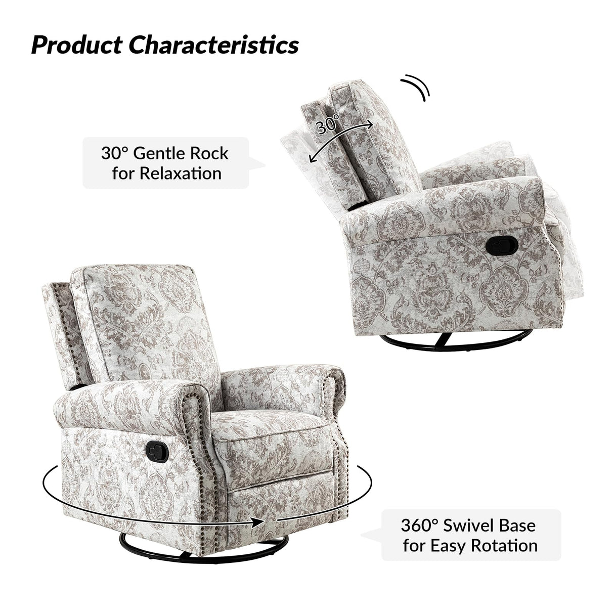 HULALA Home Modern Rocker Recliner, Printed Fabric Swivel Glider with Adjustable Backrest & Footrest, Beige HULALA HOME