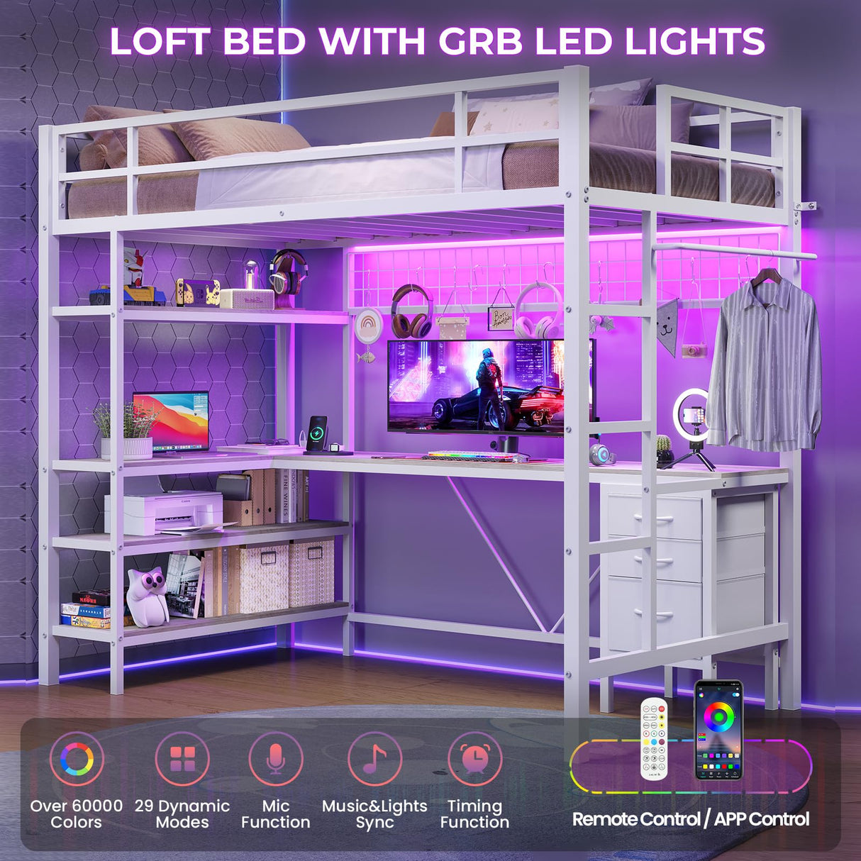 Loft Bed Twin Size with L-Shaped Desk and Storage Shelves, Metal Loft Bed Frame with Power Outlet, LED Lights, 3 Fabric Drawers, Metal Mesh, Space-Saving, No Box Spring Needed, White MSmask