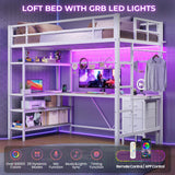 Loft Bed Twin Size with L-Shaped Desk and Storage Shelves, Metal Loft Bed Frame with Power Outlet, LED Lights, 3 Fabric Drawers, Metal Mesh, Space-Saving, No Box Spring Needed, White MSmask