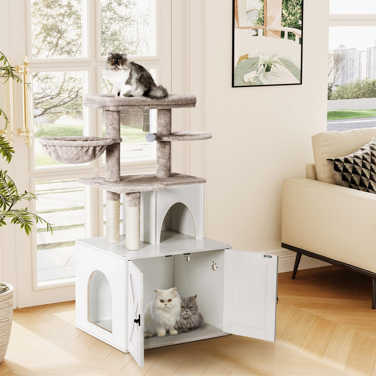 Snughome Cat Litter Box Enclosure with Cat Tree Tower and Condo, Hidden Cat Washroom Furniture with Sisal Scratching Post and Soft Plush Perch, Wooden Cat Furniture with Multiple Platforms, White Snughome