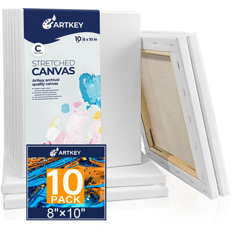 Artkey Canvases for Painting 8 x 10 Inch 10 - Pack, 5/8" Profile Stretched Canvas - 10 oz Primed, 100% Cotton White Blank Canvas - Art Paint Canvases for Acrylic Oil Paint Artkey