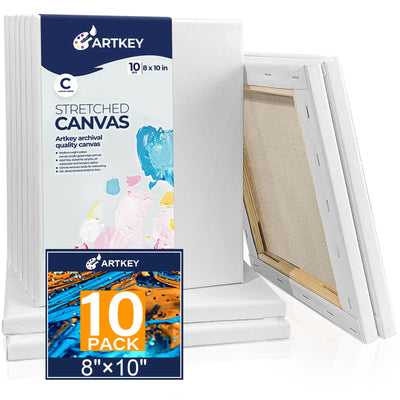 Artkey Canvases for Painting 8 x 10 Inch 10 - Pack, 5/8" Profile Stretched Canvas - 10 oz Primed, 100% Cotton White Blank Canvas - Art Paint Canvases for Acrylic Oil Paint