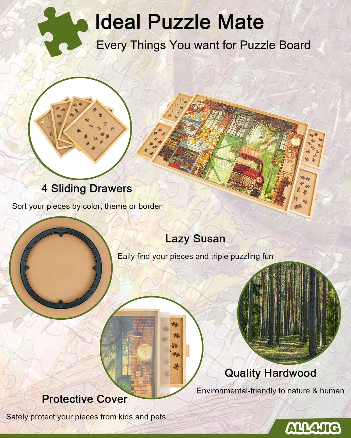 ALL4JIG 1000 Piece Rotating Puzzle Board with Drawers and Cover 22"x30"Portable Wooden Jigsaw Puzzle Table for Adults Portable,Lazy Susan Spinning Puzzle Boards ALL4JIG