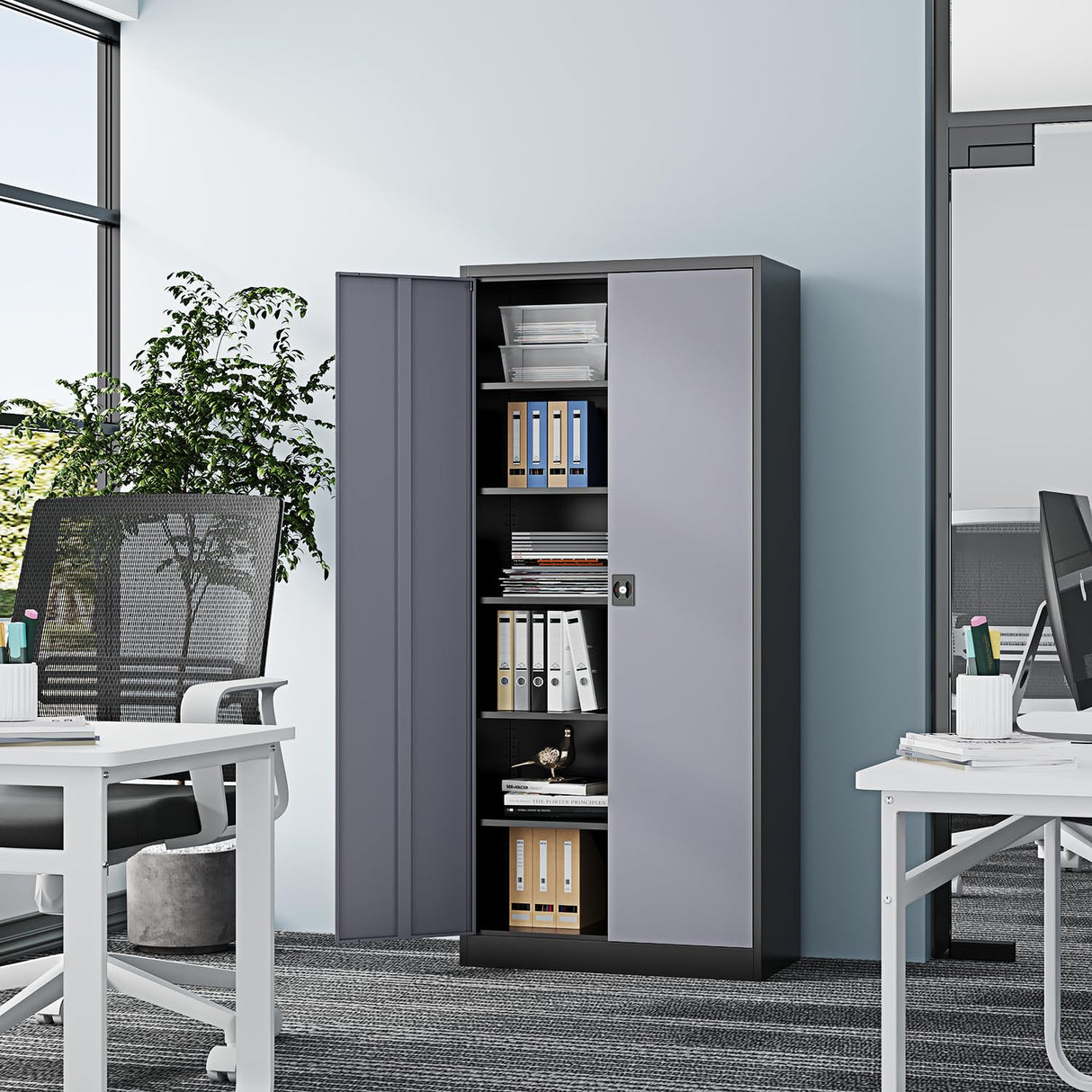 Fesbos Metal Storage Cabinet-72” Tall Steel File Cabinets with Lockable Doors and Adjustable Shelves-Black&Gray Steel Storage Cabinet for Kitchen, Office, Garage Fesbos
