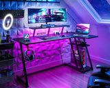 MOTPK Gaming Desk with LED Lights & Power Outlets, 55 Inch L Shaped Gaming Computer Desk with Storage Shelf, Gamer Desk with Monitor Stand, PC Gaming Table with Carbon Fiber Texture, Black MOTPK