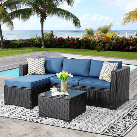 Vongrasig 5 Pieces Patio Furniture Sets, Wicker Outdoor Sectional Furniture with Glass Table and Cushions, Rattan Patio Conversation Sets for Garden, Poolside, Backyard(Dark Blue) Vongrasig