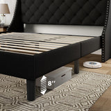 Feonase King Size Bed Frame with Luxury Wingback and Fast Charging Station,Upholstered King Button Tufted Storage Headboard Platform Beds, Wooden Slats Support, Noise-Free, Easy Assembly,Matte Black Feonase