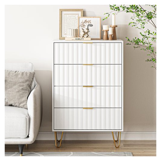 Aienvey Dresser for Bedroom with 4 Drawers, Chest of Drawers, Tall Storage Dresser Chest Cabinet Organizer Unit with Metal Legs, Small Dresser for Bedroom, Living Room, Closet, Hallway,Fluted,White