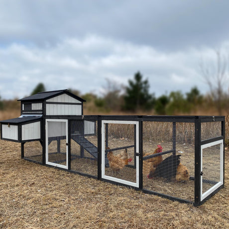 PetsCosset 116"L Extra Large Chicken Coop Wooden Hen House with Run 2 Story Poultry Cage Outdoor Indoor Chicken Houses for 4-8 Chickens 4 Nesting Boxes, 4 Perches, Removable Tray and Ramp, Combinable PetsCosset