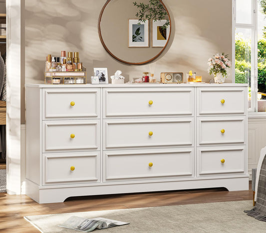 Hasuit Large Dresser with 9 Drawers for Bedroom, 61.4'' Long Modern Chest of Drawers, White Wide Dressers Clothes Closet, Wooden Bedroom Funiture Storage Organizer