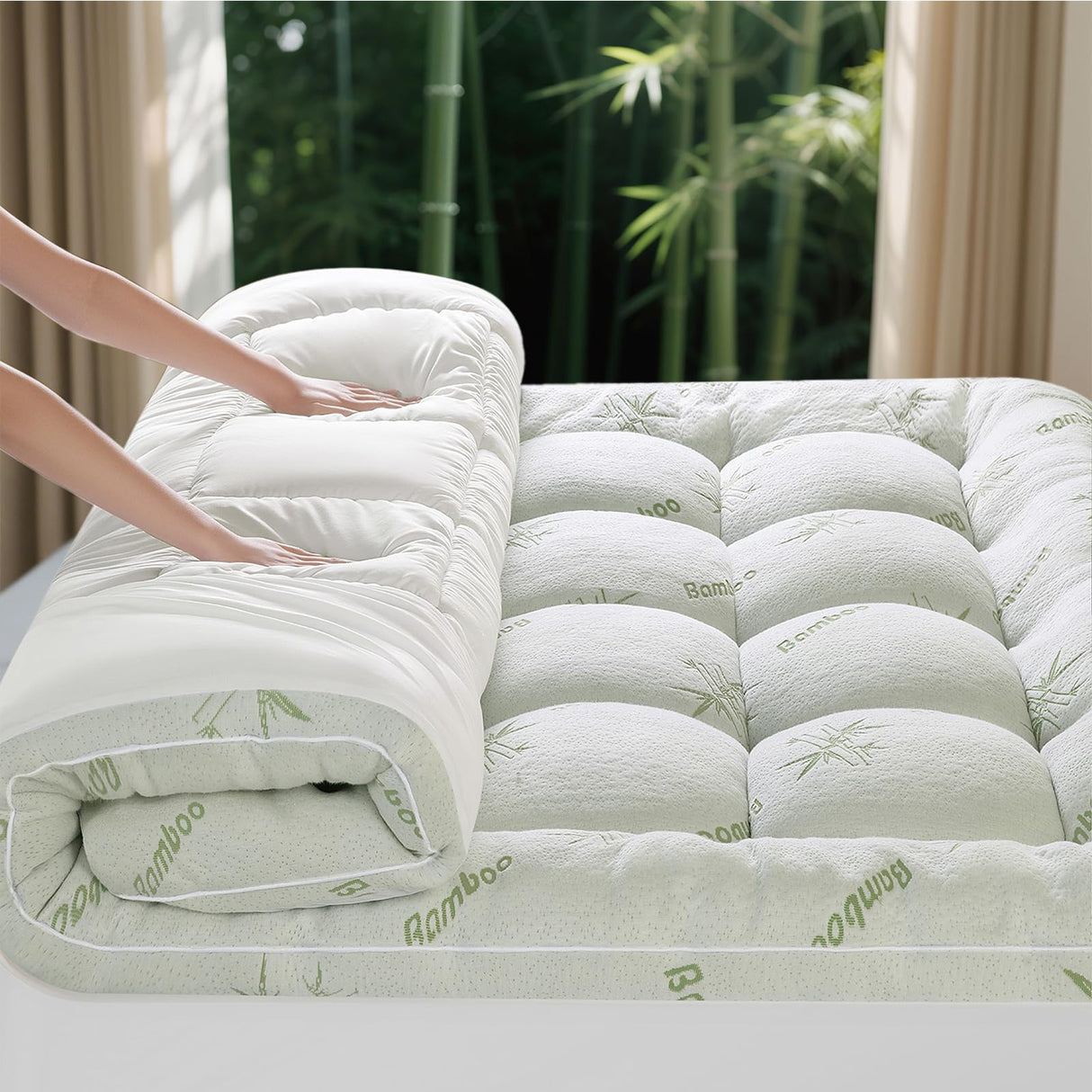 Jov5tic Mattress Topper Queen Size - 1200GSM 3D+7D Down Alternative Fill, Viscose Made from Bamboo Cover, Extra Plush for Back Pain, 8"-18" Deep Pocket(Queen,60"x80") jov5tic