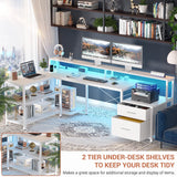 Aheaplus L Shaped Desk with File Drawer, 72.8" Reversible L Shaped Computer Desk with Power Outlet & LED Strip, Gaming Desk with Long Monitor Stand, Office Desk Corner Desk with Storage Shelf, White Aheaplus