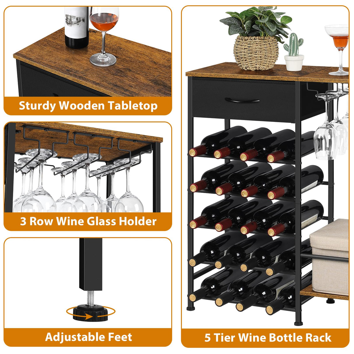 OYEAL Wine Rack Freestanding Floor, 5 Tier Display Wine Storage Shelves with Glass Holder & Fabric Drawer, 20 Bottles Liquor Cabinet Bar Stand for Home Bar, Kitchen Living Room, Rustic Brown OYEAL
