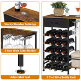 OYEAL Wine Rack Freestanding Floor, 5 Tier Display Wine Storage Shelves with Glass Holder & Fabric Drawer, 20 Bottles Liquor Cabinet Bar Stand for Home Bar, Kitchen Living Room, Rustic Brown OYEAL