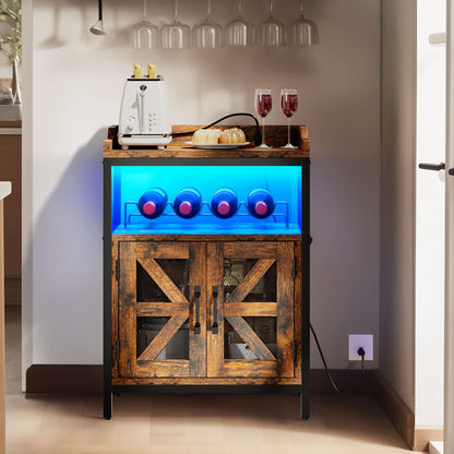 DWVO Wine Cabinet with Led Lights & Outlets, 32.8" Small Liquor Cabinet with Wine Rack, Coffee Bar Cabinet with Visual X Barn Door for 200 lbs for Kitchen, Dining & Living Room, Rustic Brown - WoodArtSupply