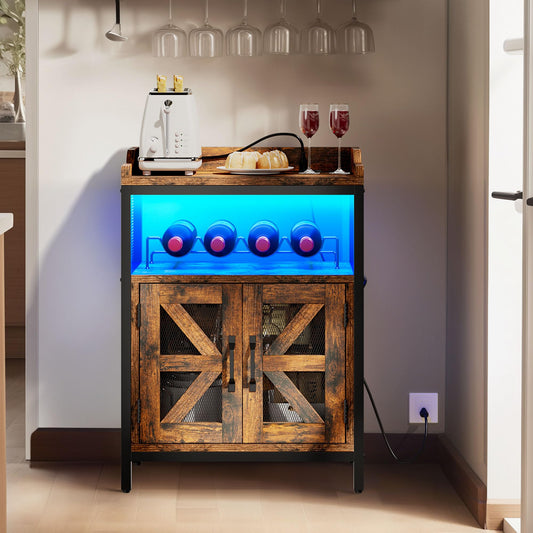 DWVO Wine Cabinet with Led Lights & Outlets, 32.8" Small Liquor Cabinet with Wine Rack, Coffee Bar Cabinet with Visual X Barn Door for 200 lbs for Kitchen, Dining & Living Room, Rustic Brown - WoodArtSupply