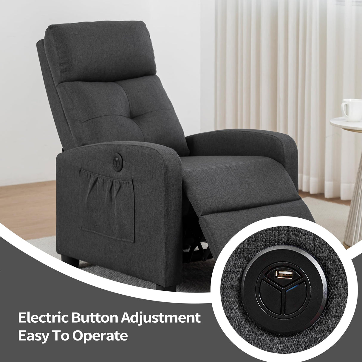 Sftaiyou Power Massage Small Recliner Chair, Fabric Recliners for Adults, Adjustable Home Theater Seating with Lumbar Support, Modern Reclining Sofa Chair for Living Room Bedroom (Black) Sftaiyou