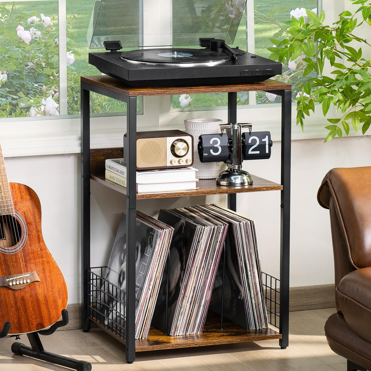 LELELINKY Large Brown Record Player Stand, 3 Tier Big End Table with Vinyl Storage Shelf Up to 130 Albums, Industrial Turntable Printer Stands Modern Side Tables for Living Room, Bedroom, Office LELELINKY