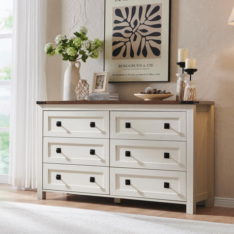 RedLemon 6 Drawer Dresser for Bedroom, Farmhouse 54 Inch Wide Rustic Wood Dresser TV Stand, Dresser Chest of Drawers for Closet, Living Room, Hallway, Antique White RedLemon
