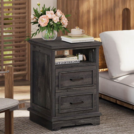 LIKIMIO Farmhouse Nightstand with Storage Drawers and Open Shelf, Small End Tables Living Room, Rustic Wood Side Tables for Bedroom, Roman Column Design, Charcoal Grey LIKIMIO
