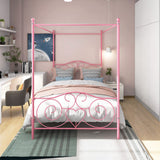 Albearing Canopy Bed Frame Platform Metal Bed Frame Heavy Duty Steel Slat and Support with Headboard and Footboard No Box Spring Required (Full, Pink) Albearing
