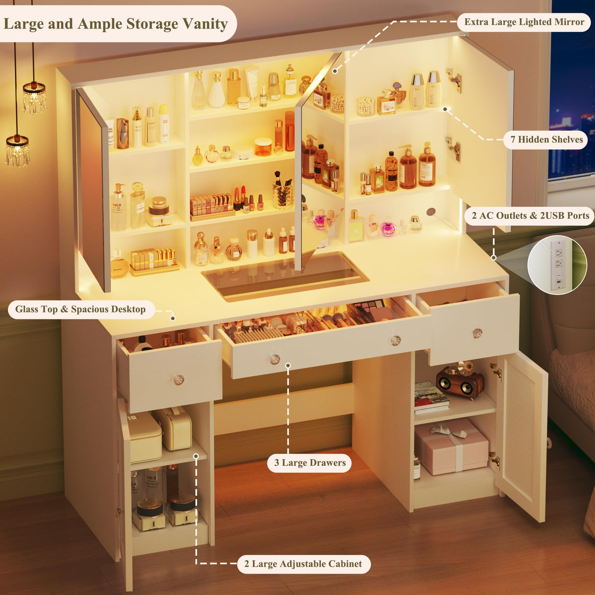HUAHUU Vanity Desk with Mirror and Lights, 45.3'' Large Makeup Vanity with Glass Top & Power Outlet, White Vanity Table with 3 Drawers & 2 Cabinets & Hidden Storage Shelves, 3 LED Lighting Modes HUAHUU