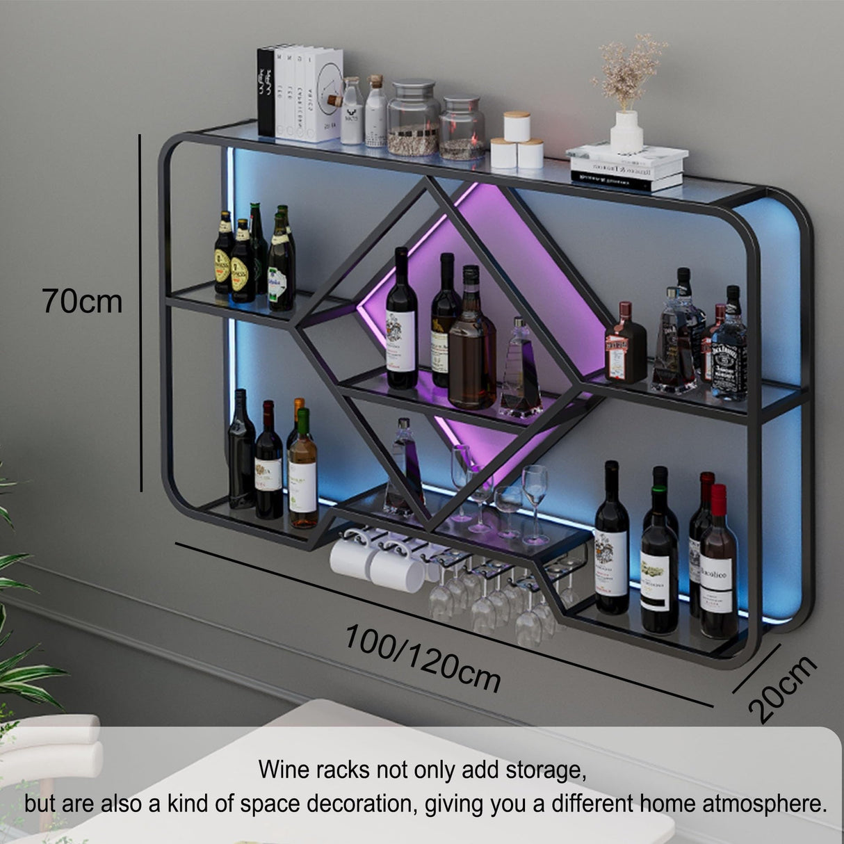 JOSIAHCQ Wine Rack Floating Bar Shelves Wall Mounted with Hanging Wine Glass Holder Liquor Cabinet Bottle Display Shelf Kitchen Shelf with Light Strip for Home Bar JOSIAHCQ