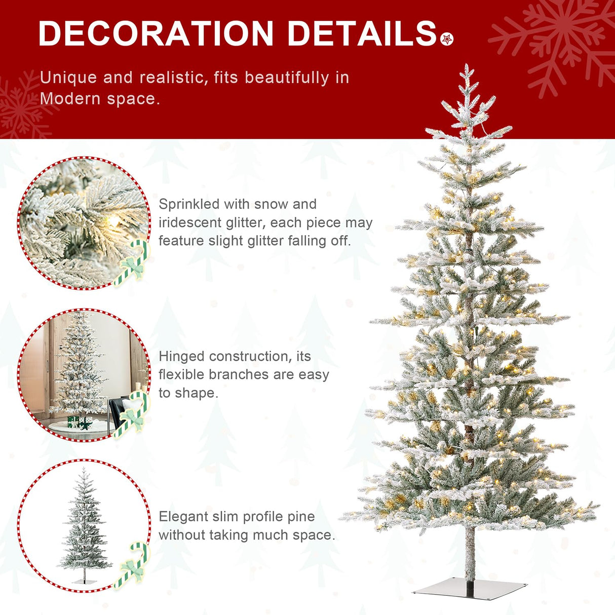 Glitzhome 8ft Deluxe Pre-Lit Flocked Fir Artificial Christmas Tree, Hinged Holiday Xmas Tree with 450 Warm White Lights, Three Function, Easy Assembly Glitzhome