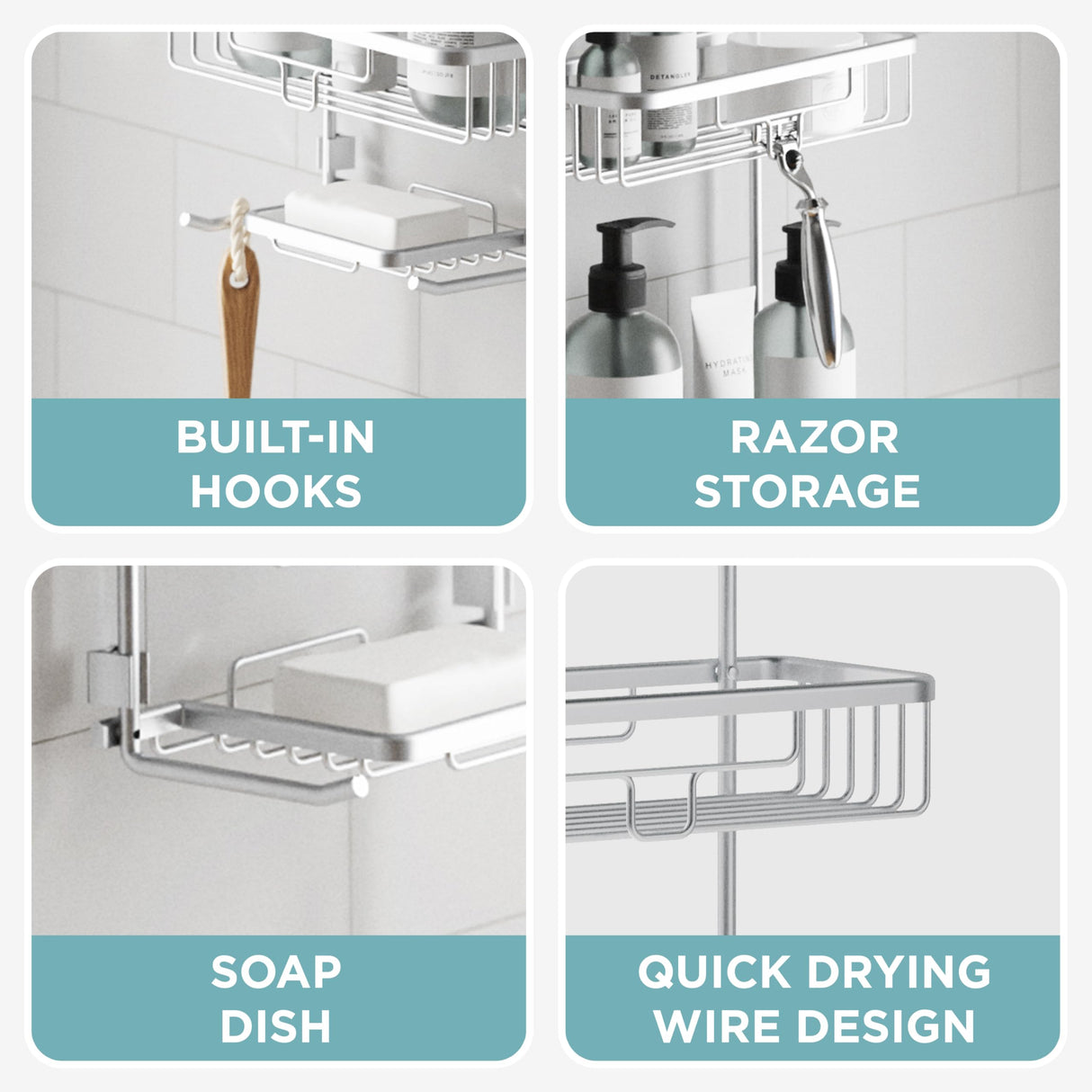 Zenna Home Rustproof Hanging Shower Caddy, Over the Shower Head Caddy with 2 Shelves and Built In Hooks, Aluminum Bathroom Hanging Organizer, Satin Chrome Zenna Home