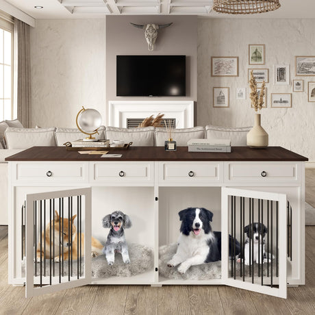 86.6" Double Dog Crate Furniture with 4 Drawers,Indoor Wooden Dog Kennel Furniture for 2 Large Breed Dogs with Divider,Heavy Duty Dog Crate Furniture TV Stand for Large Medium Dogs,White Niopatio