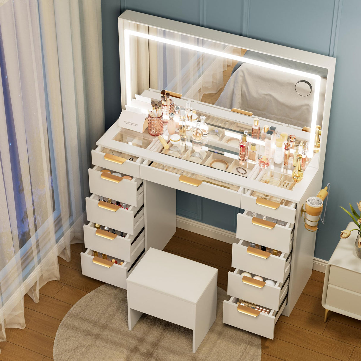 Pamapic Glass Top Vanity Desk with Mirror and Lights, 11 Drawers Makeup Vanity with Charging Station and Chair, Golden Handles Dressing Table, 3 Lighting Modes Makeup Table, White Pamapic