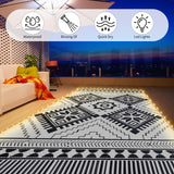 8x10ft Waterproof Outdoor Rug with LED Lights, Boho Reversible Plastic Straw Mat for Patio RV Camping Picnic Balcony Beach Deck Indoor Outdoor Carpet, Black&White DiiKoo