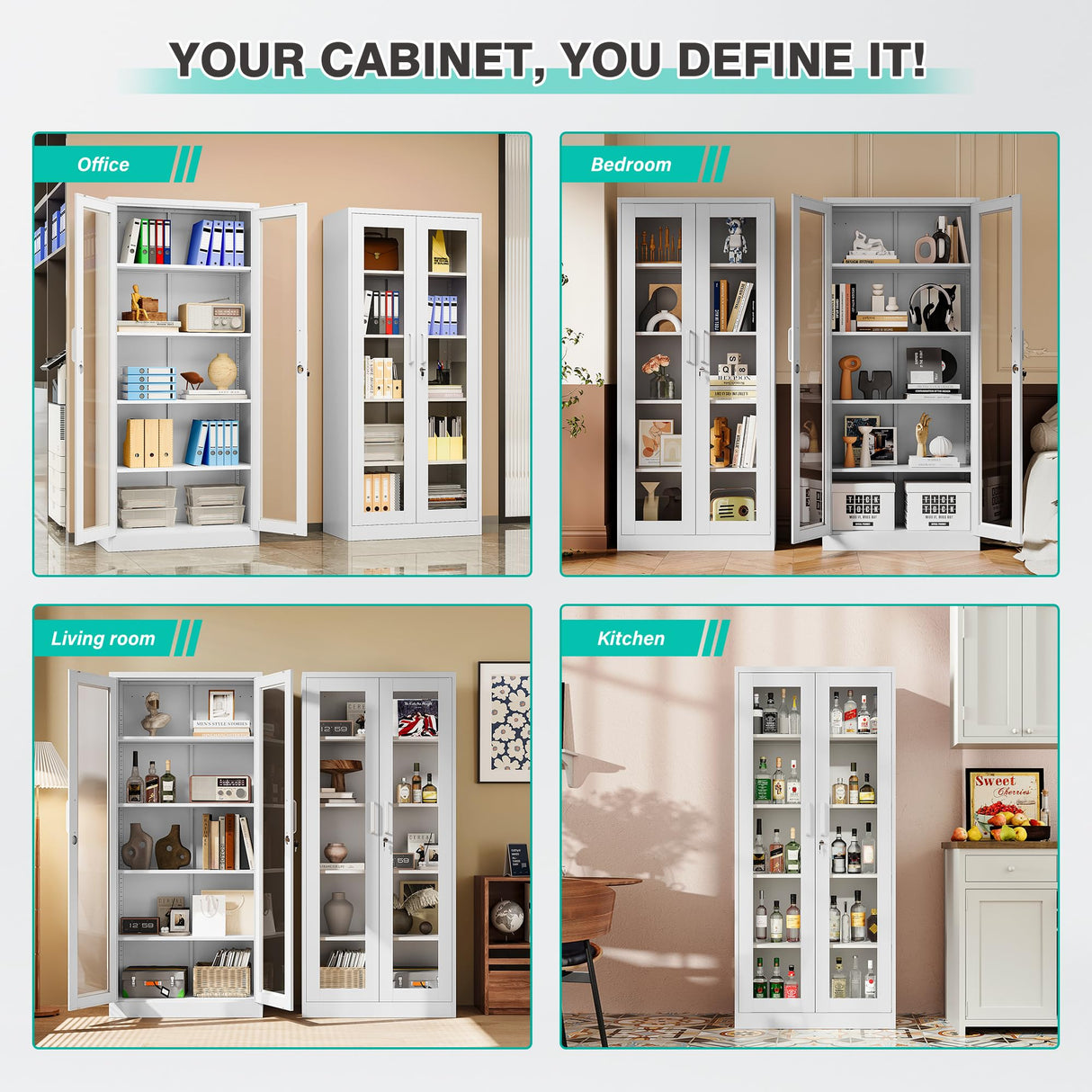 Metal Storage Cabinet with Lock and Glass Doors,Glass Display Cabinet,67" Tall White Storage Cabinets,Locking Curio Cabinets with 5 Shelves for Collectibles,Home,Office,Living Room SISESOL