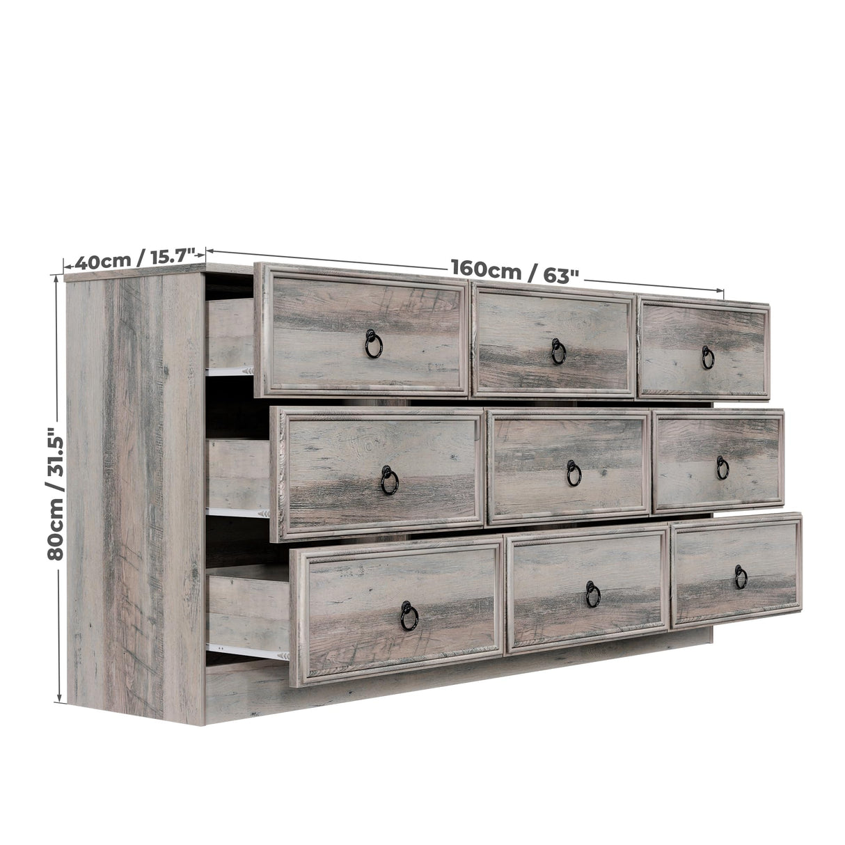 VVFLU 63”W Dresser for Bedroom Grey Dresser with 9 Wood Drawers, Dressers & Chests of Drawers with Smooth Metal Rail, Large Storage Dressers Organizer for Bedroom Living Room (Grey, 9 Drawer) VVFLU