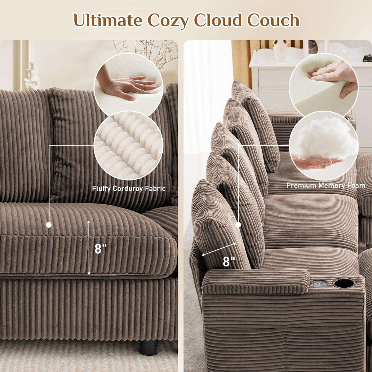 110" Oversized Cloud Couch U Shaped Modular Sectional Sofa L Shaped Sectional Couches for Living Room Comfy Corduroy Cloud Sofa with Ottoman, USB Port, Cup Holder, Armrest Storage, Side Pocket, Brown ONEMMLION